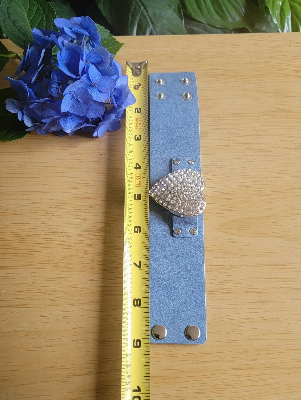 Rhinestone Heart Blue Faux Leather Cuff Bracelet